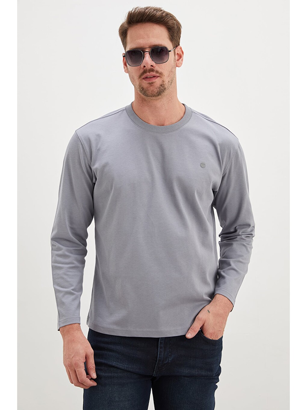 Gri Baskılı Bisiklet Yaka Sweatshirt