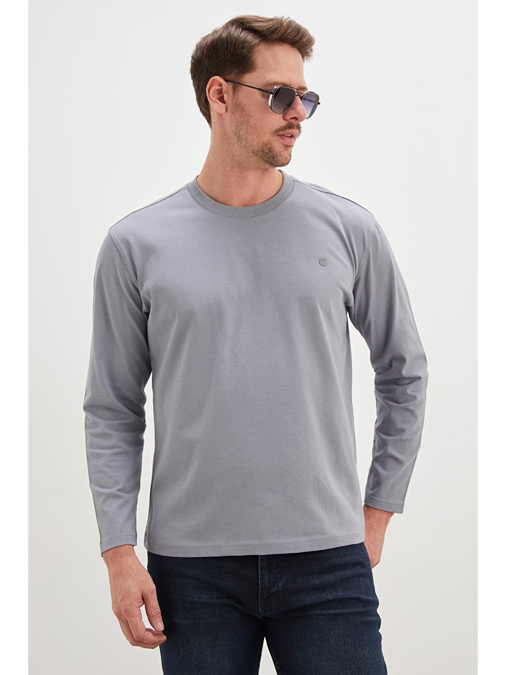 Gri Baskılı Bisiklet Yaka Sweatshirt-1