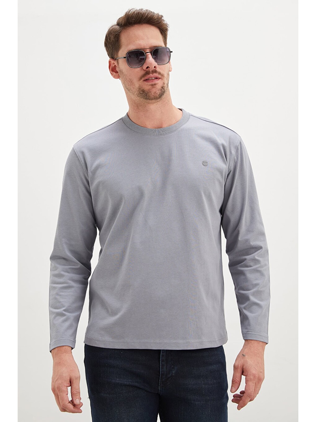 Gri Baskılı Bisiklet Yaka Sweatshirt-2