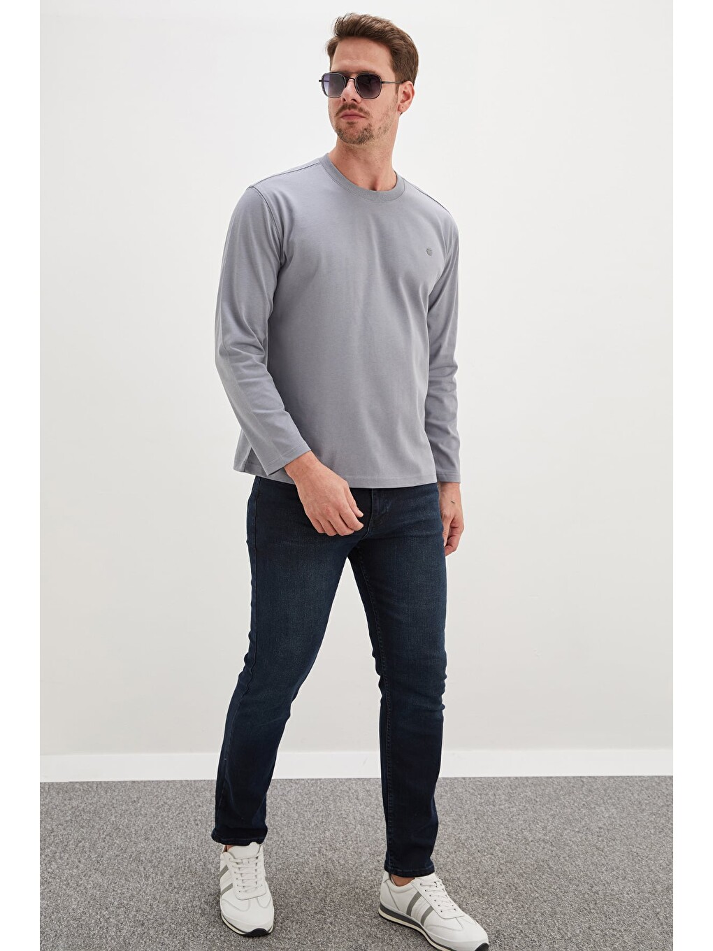 Gri Baskılı Bisiklet Yaka Sweatshirt-3