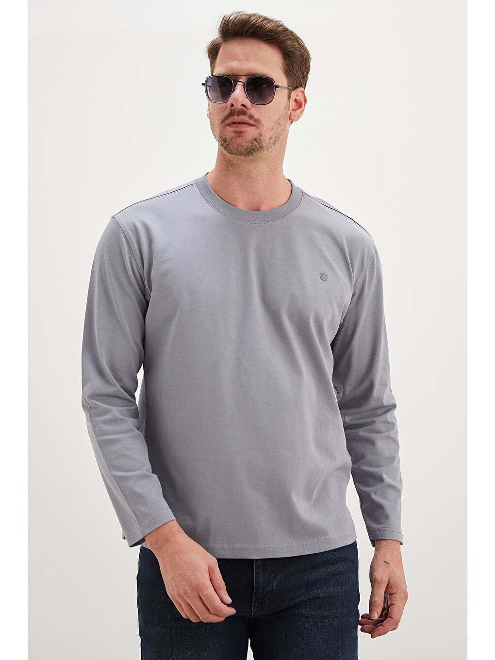 Gri Baskılı Bisiklet Yaka Sweatshirt-4