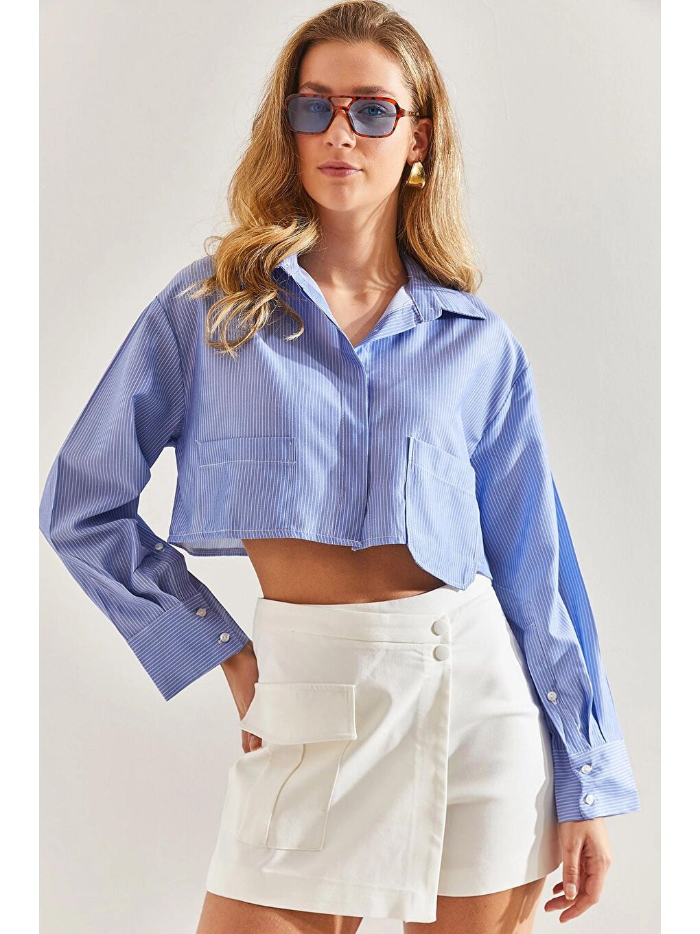 Mavi Bianco Lucci Kadın Cepli Çizgili Crop Gömlek 60171035