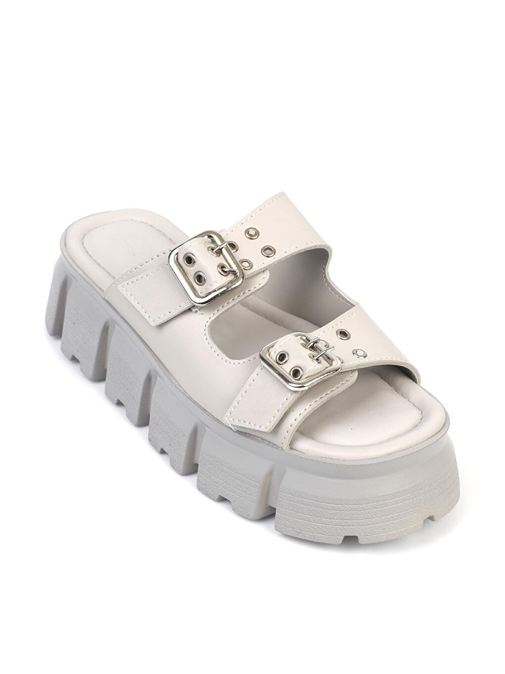 Gri Dolgu Topuklu Çift Bantlı Tokalı Kadın Terlik