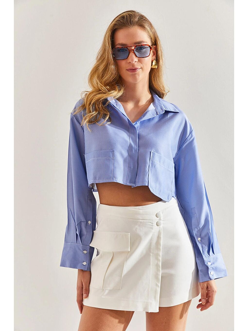 Mavi Bianco Lucci Kadın Cepli Çizgili Crop Gömlek 60171035-3