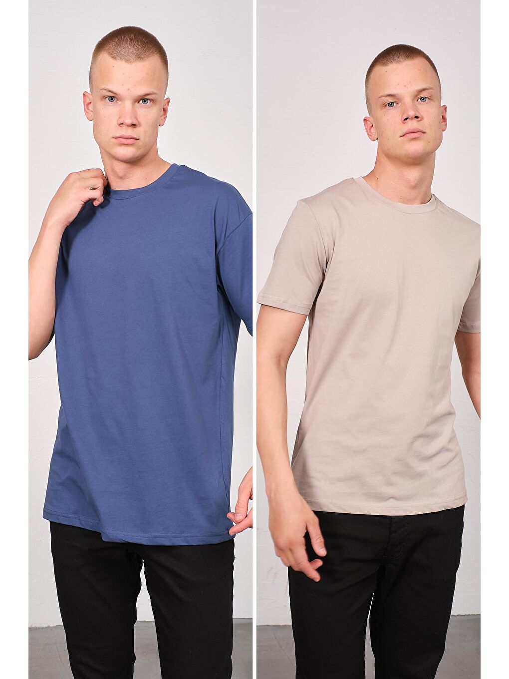 C&City Erkek Bisiklet Yaka 2'li Oversize Basic T-Shirt 991 İndigo/Gri