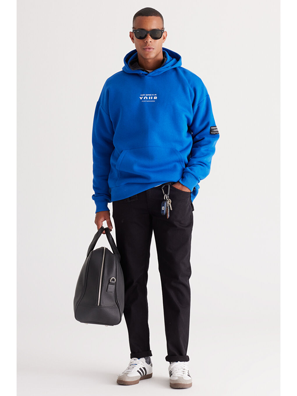 Erkek Mavi Oversize Fit Bol Kesim Kapüşonlu İçi Polarlı Pamuklu Sweatshirt-1