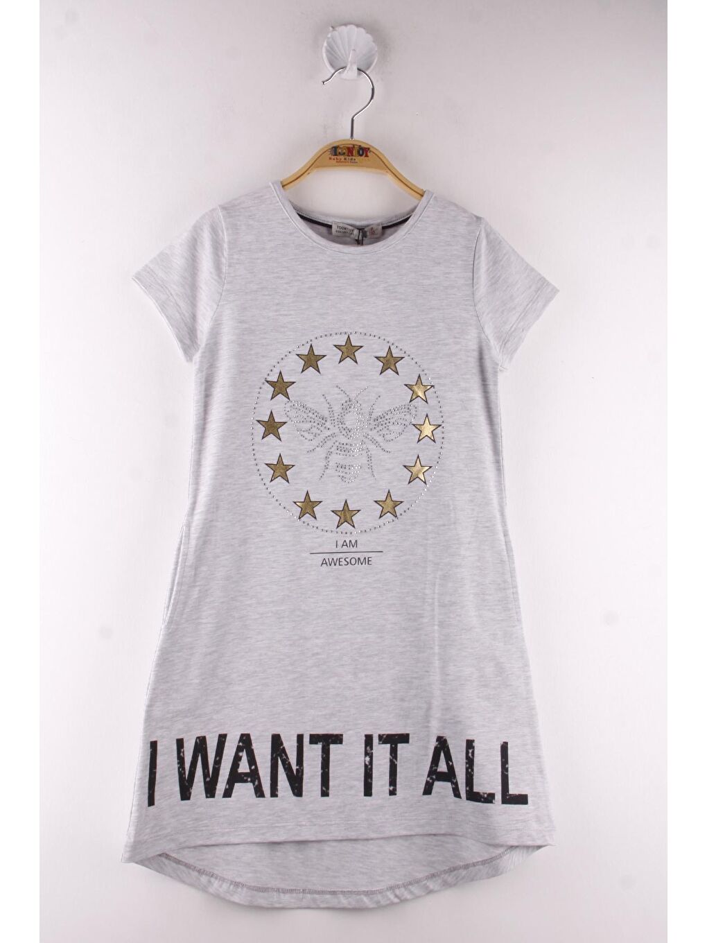 Toontoykids Gri Melanj Kız Çocuk  I Want It All Baskılı Elbise