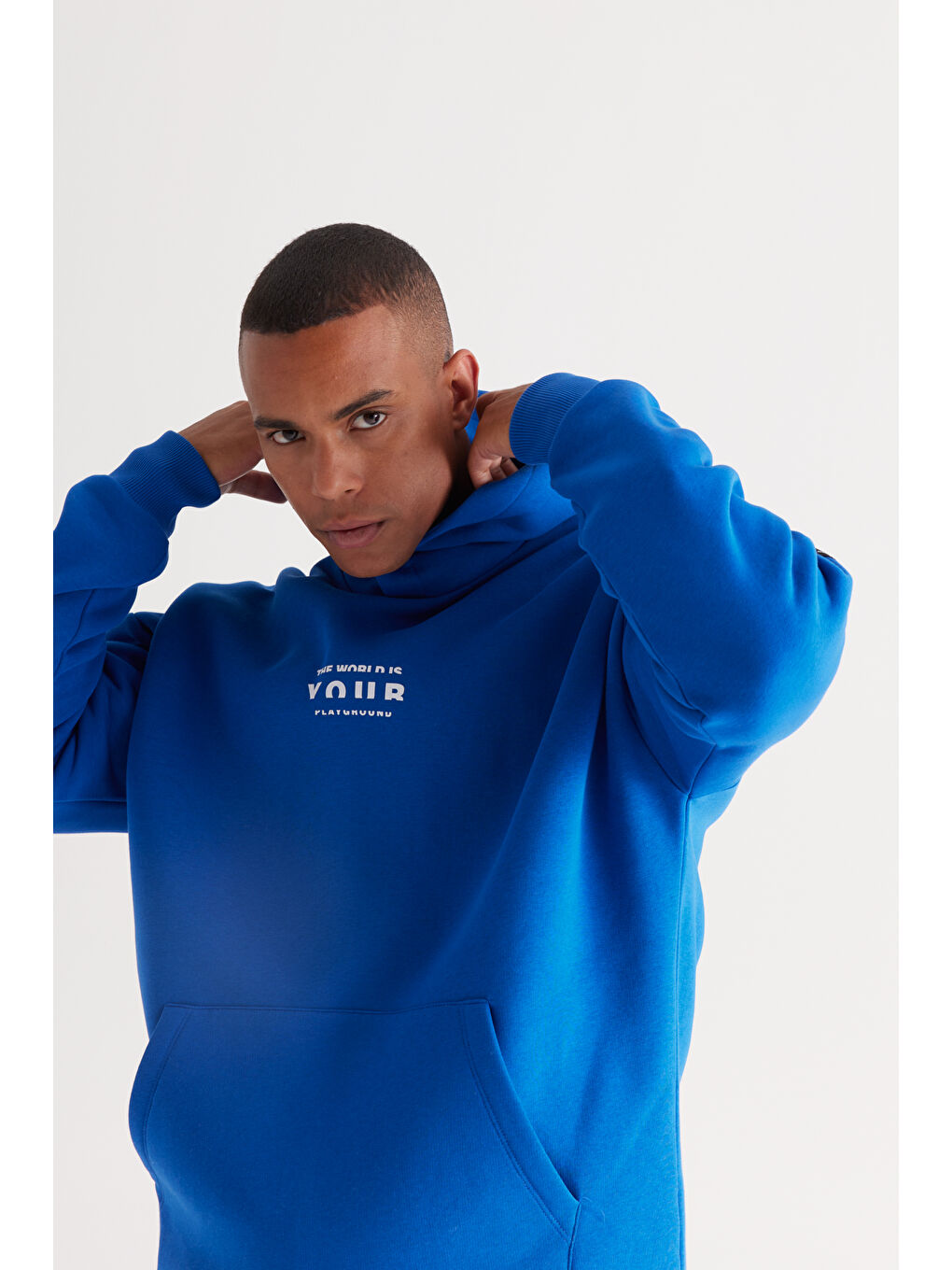 Erkek Mavi Oversize Fit Bol Kesim Kapüşonlu İçi Polarlı Pamuklu Sweatshirt-2