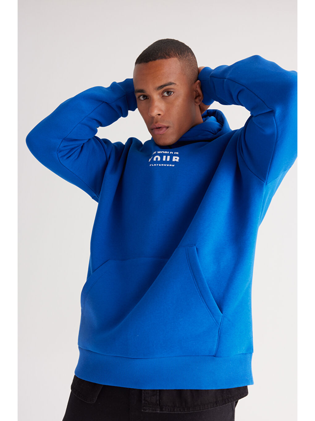 Erkek Mavi Oversize Fit Bol Kesim Kapüşonlu İçi Polarlı Pamuklu Sweatshirt-3