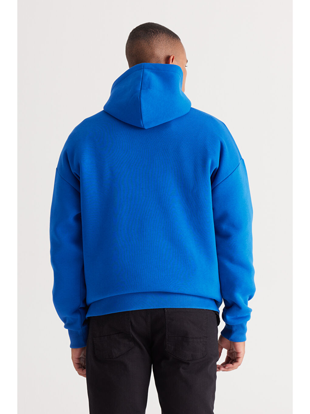Erkek Mavi Oversize Fit Bol Kesim Kapüşonlu İçi Polarlı Pamuklu Sweatshirt-4
