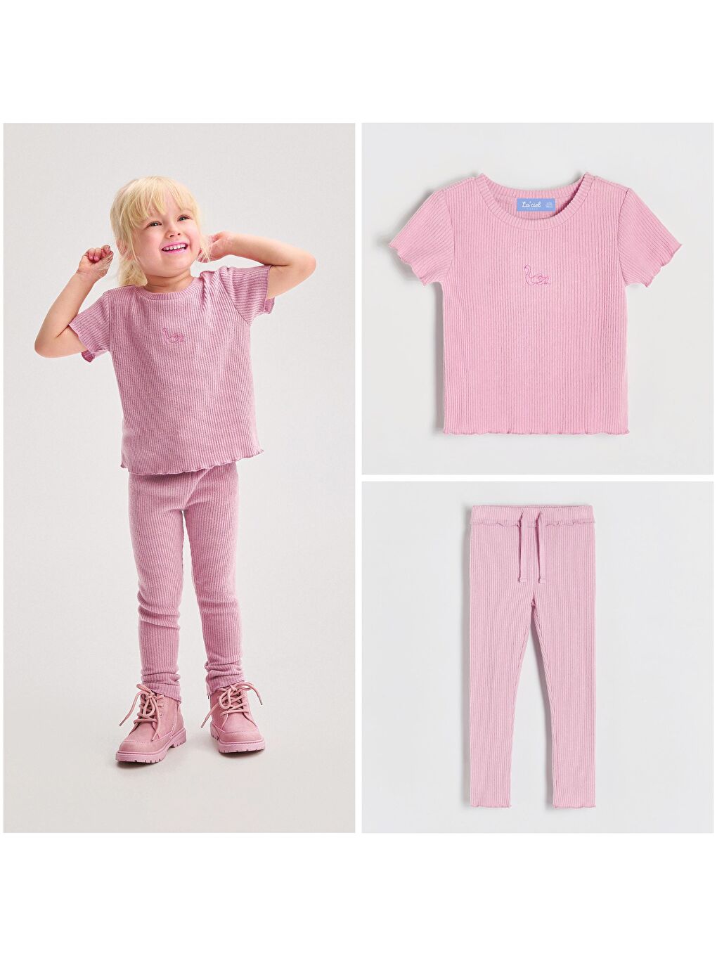 Pembe Kuğu Desenli Fitilli T-Shirt Tayt Alt-Üst Takım Kız Çocuk-2