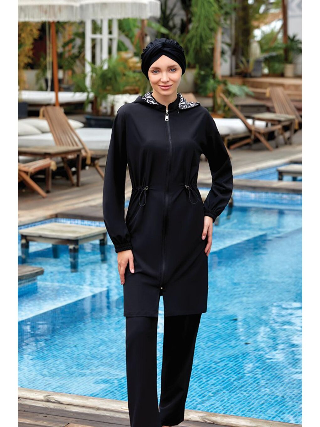Paraşüt Kapüşonlu Tam Kapalı Tesettür Mayo Alım 4479 Siyah
