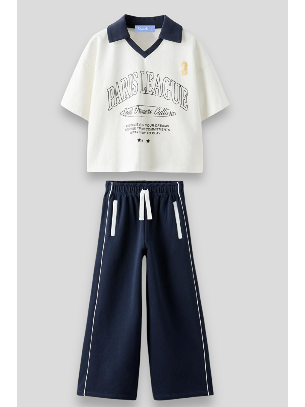 Karışık Sloganlı Polo Yaka T-Shirt Geniş Eşofman Alt-Üst Takım Kız Çocuk