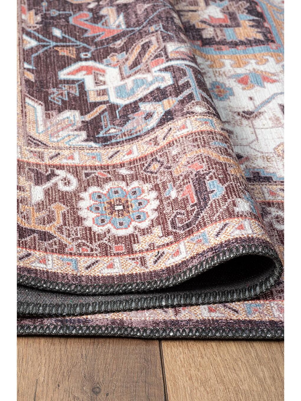 Kahverengi Antico 2356 Pamuk Tabanlı Yıkanabilir Otantik Vintage Klasik Eskitme Halı-80x150-1