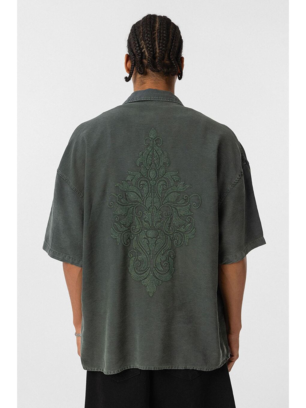 Yeşil Arka Baskılı Oversize Gömlek Koyu Yesıl-3