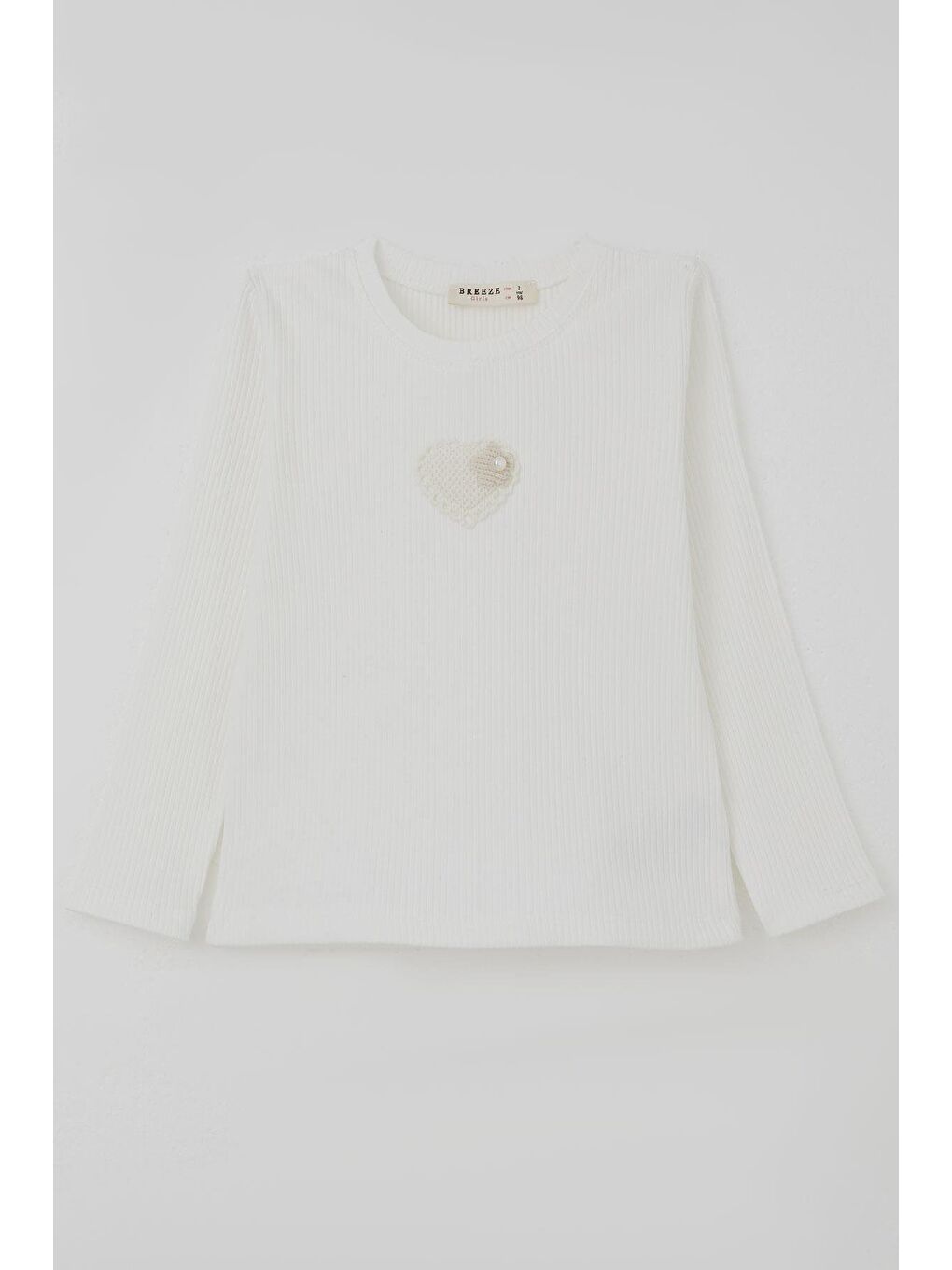 Kız Çocuk Uzun Kollu Tişört İncili Kalp Arma Detaylı Ekru (3-7 Yaş)