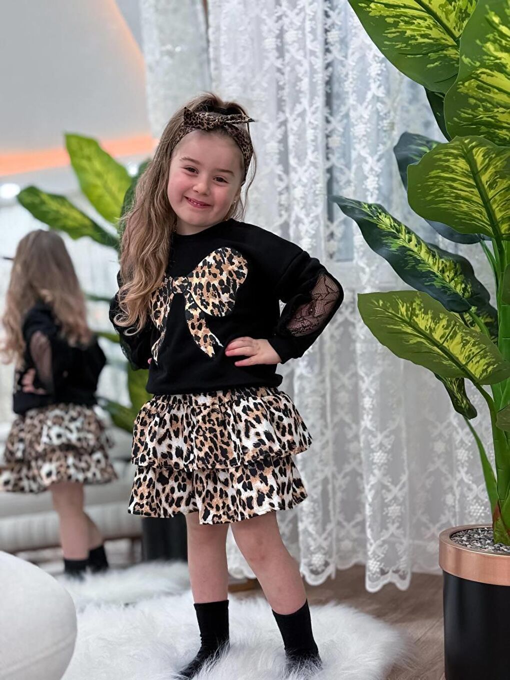 Karışık Kız Çocuk Leopar Desenli Fırfırlı Etekli İkili Takım