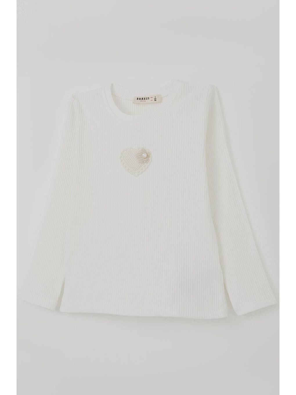 Kız Çocuk Uzun Kollu Tişört İncili Kalp Arma Detaylı Ekru (3-7 Yaş)-2