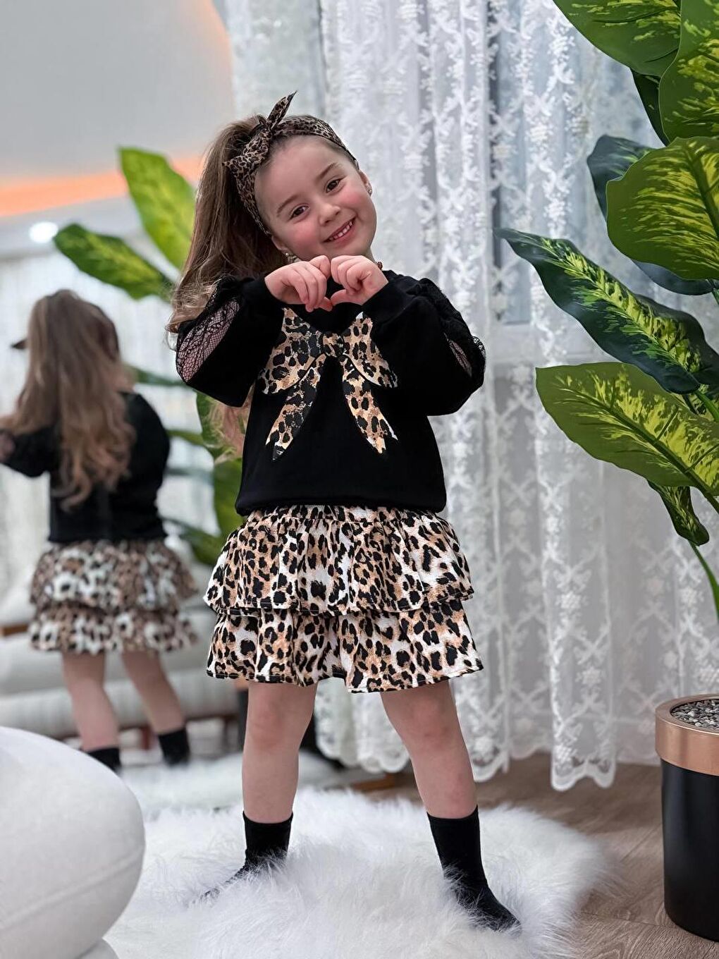 Karışık Kız Çocuk Leopar Desenli Fırfırlı Etekli İkili Takım-3