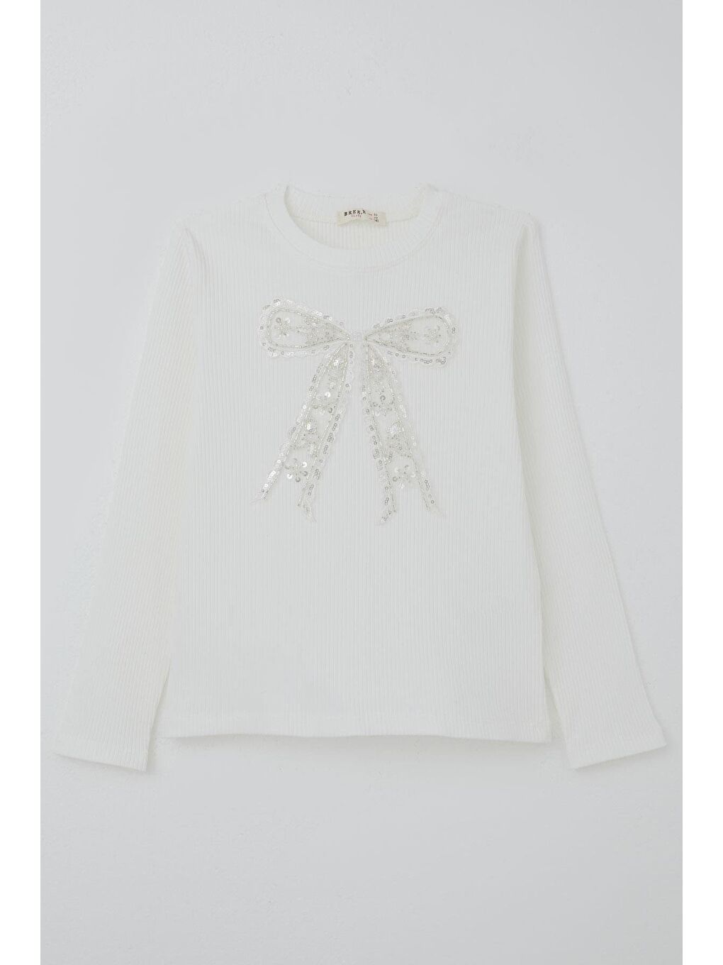 Kız Çocuk Uzun Kollu Tişört İncili Pullu Fiyonk Armalı Beyaz (9-14 Yaş)-2