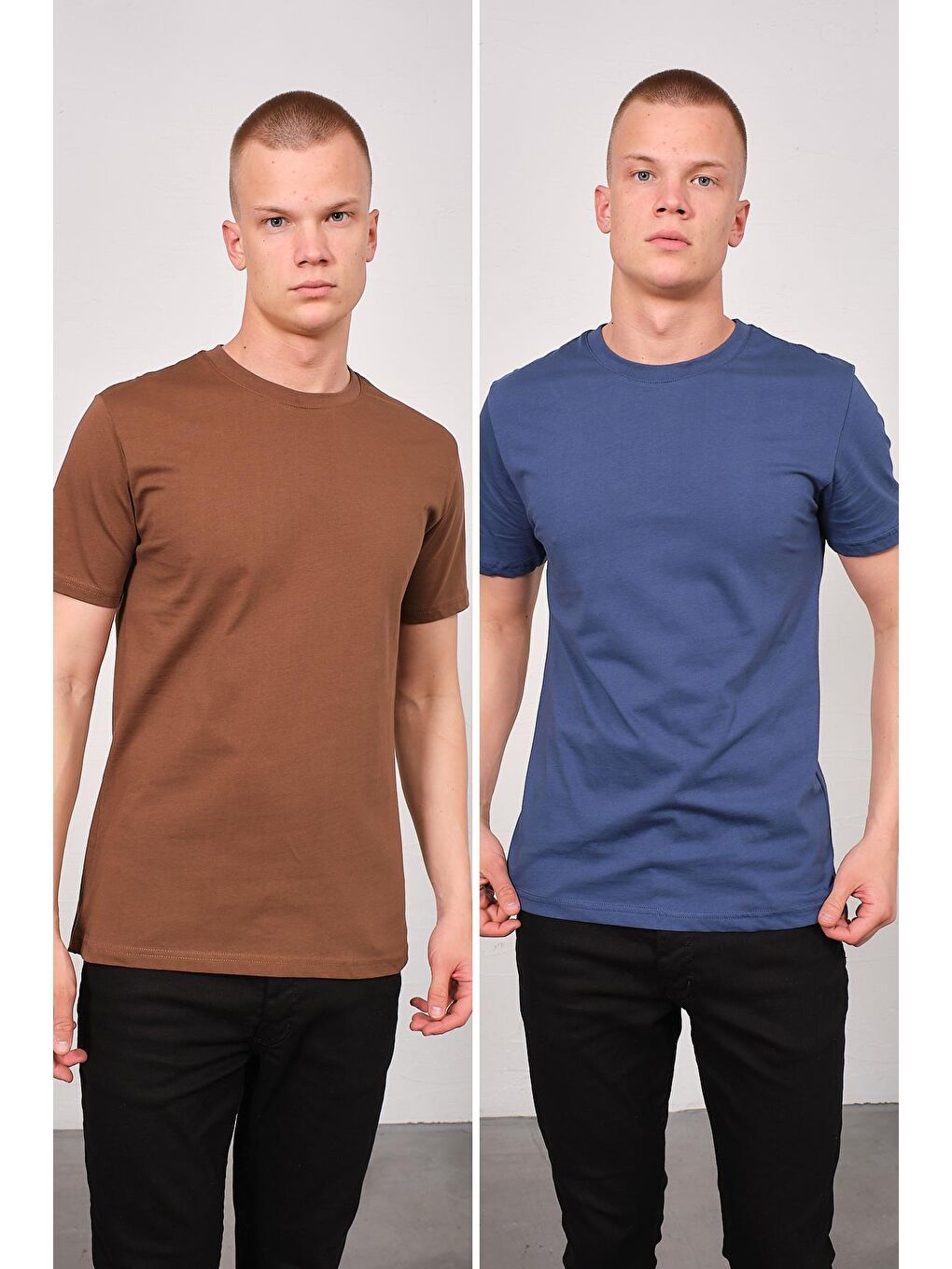 C&City Erkek Bisiklet Yaka 2'li Regular Fit Basic T-Shirt 990 Kahverengi/İndigo