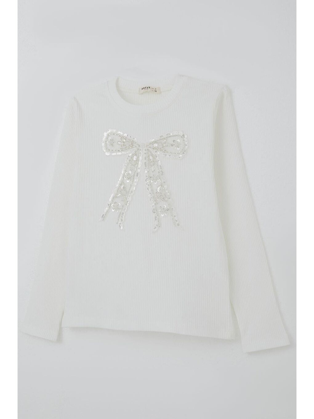 Kız Çocuk Uzun Kollu Tişört İncili Pullu Fiyonk Armalı Beyaz (9-14 Yaş)-4