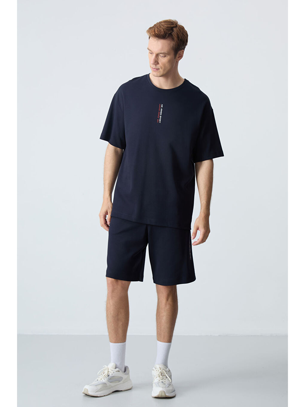 Lacivert Pamuklu Kalın Yumuşak Dokulu Oversize Fit Basic Erkek Şort Takım - 85258