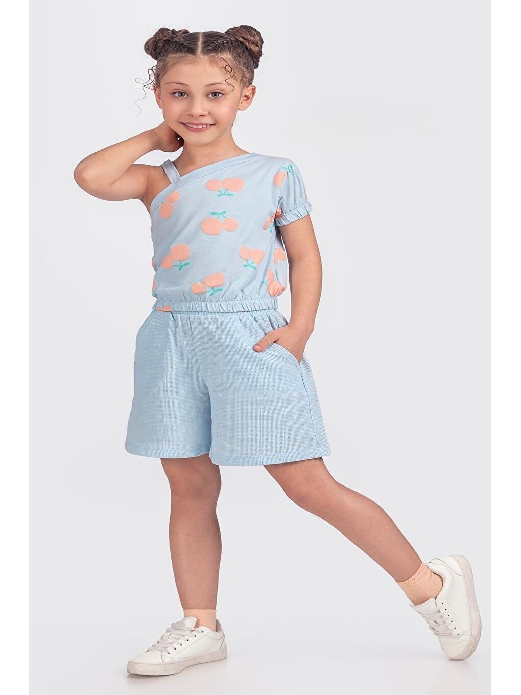 Pamuklu Mavi Kiraz Desenli Kız Çocuk Şortlu Takım-1
