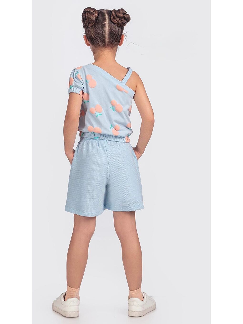 Pamuklu Mavi Kiraz Desenli Kız Çocuk Şortlu Takım-2