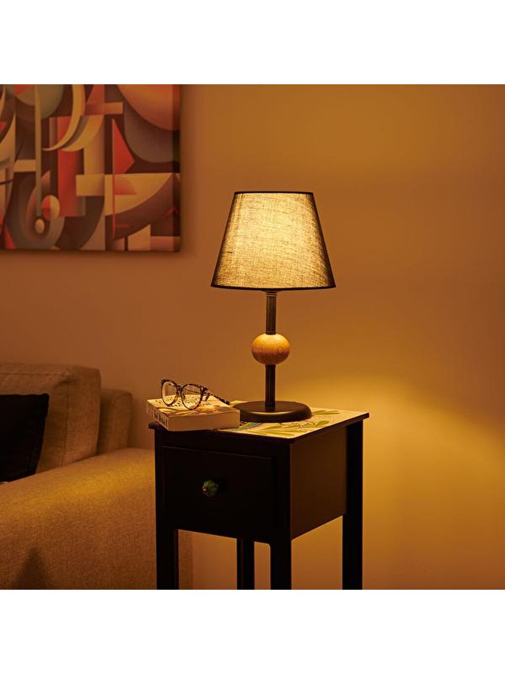 Ahşap Detaylı Metal Abajur - Siyah - 43x25x25 cm-4