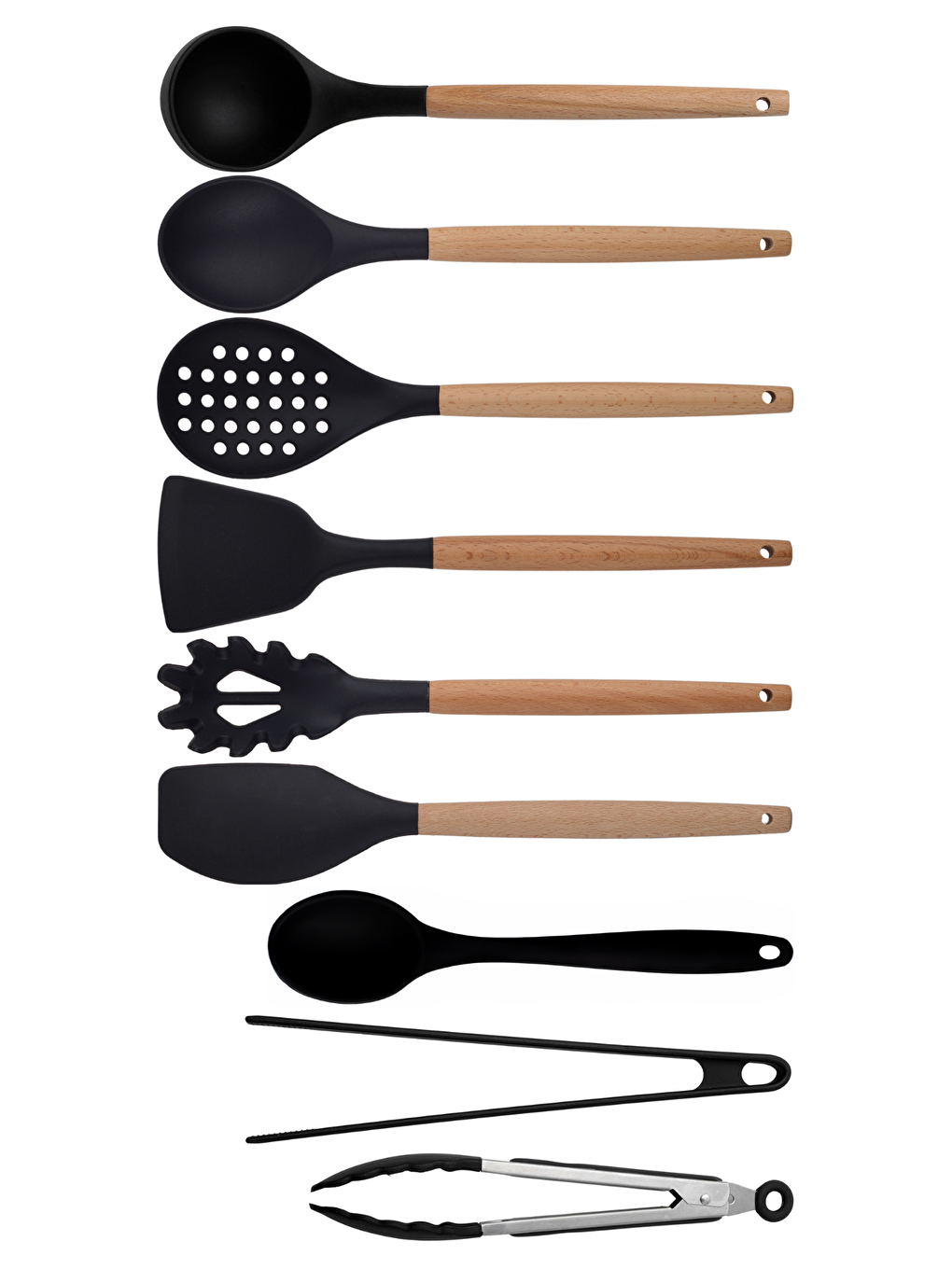 Kitchen Design Lab Siyah Bambu Silikon - Kepçe, Kaşık, Kevgir, Makarna, 2 Spatula, 2 Maşa, Silikon Kaşık 9 lu Set