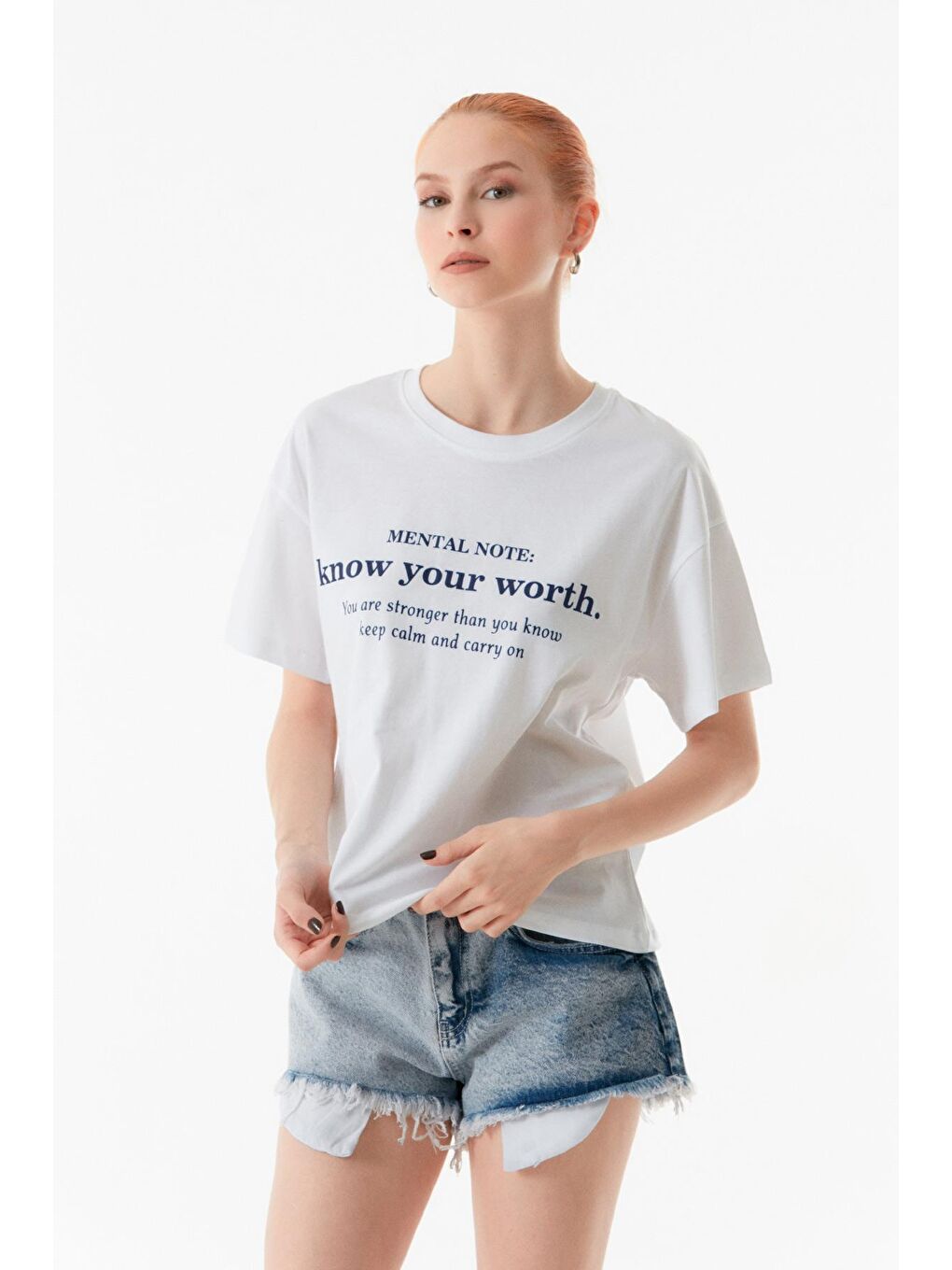 Beyaz Yazı Baskılı Bisiklet Yaka Oversize Tişört