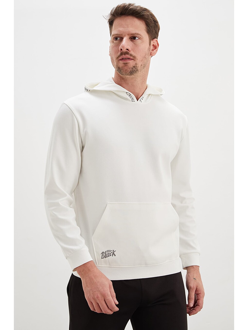 Ekru Baskılı Kapüşonlu Kanguru Cepli Sweatshirt-3