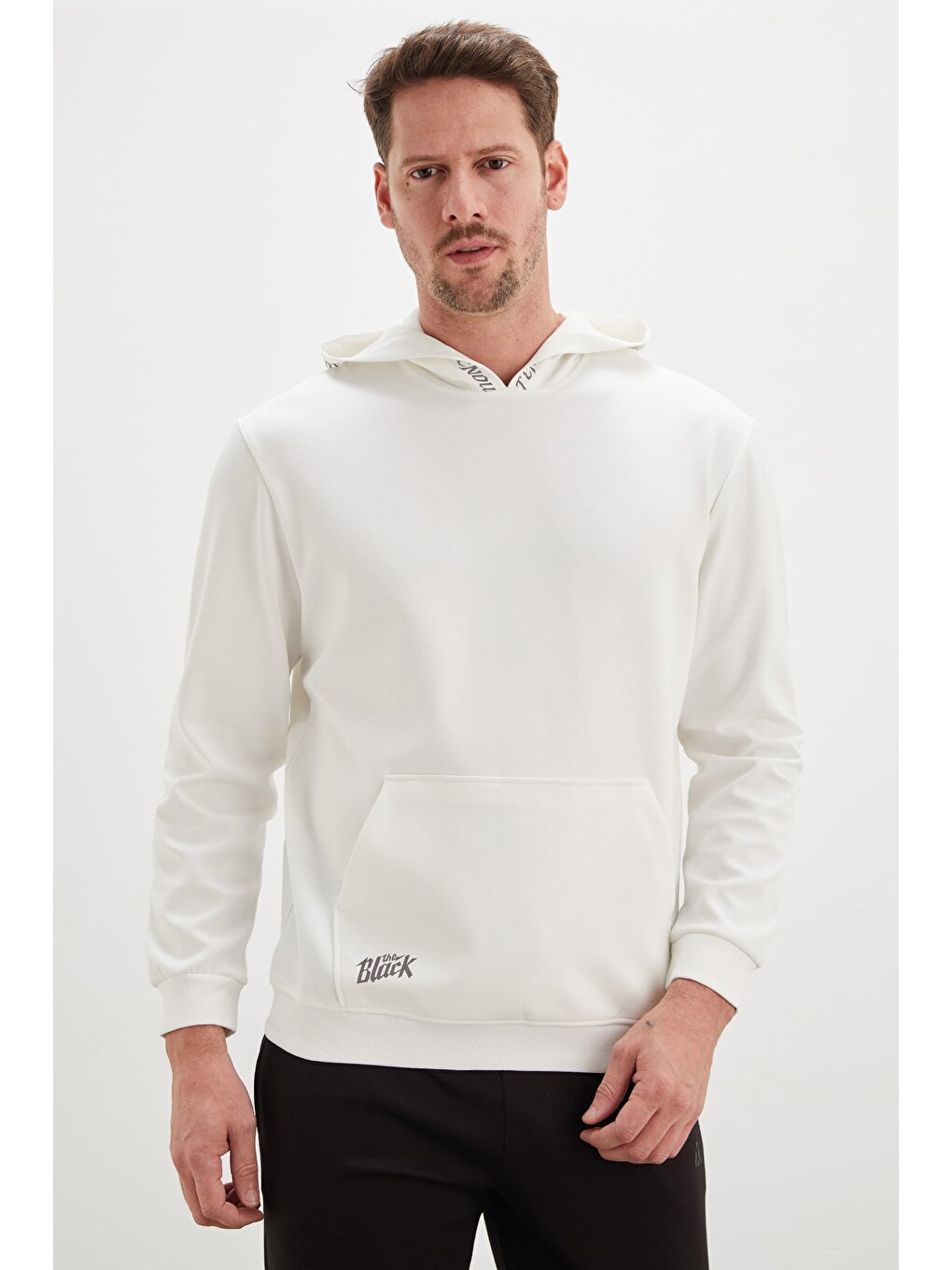 Ekru Baskılı Kapüşonlu Kanguru Cepli Sweatshirt-4