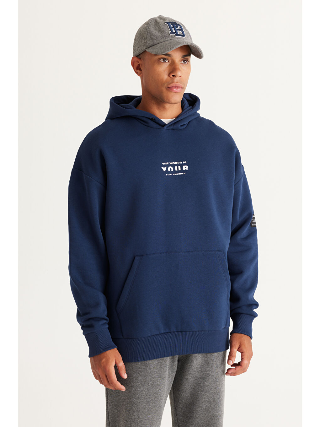 Erkek Lacivert Oversize Fit Bol Kesim Kapüşonlu İçi Polarlı Pamuklu Sweatshirt