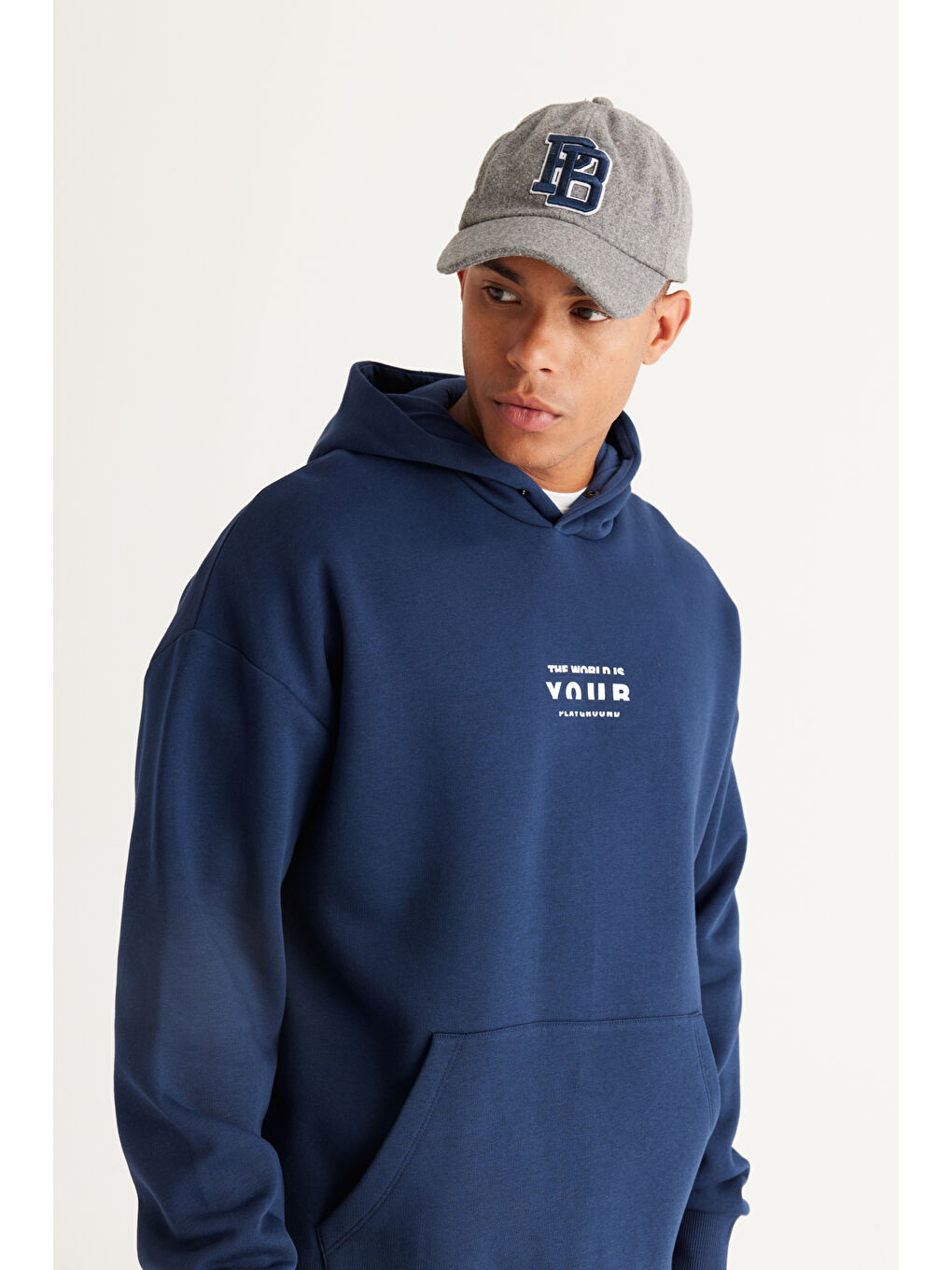 Erkek Lacivert Oversize Fit Bol Kesim Kapüşonlu İçi Polarlı Pamuklu Sweatshirt-1