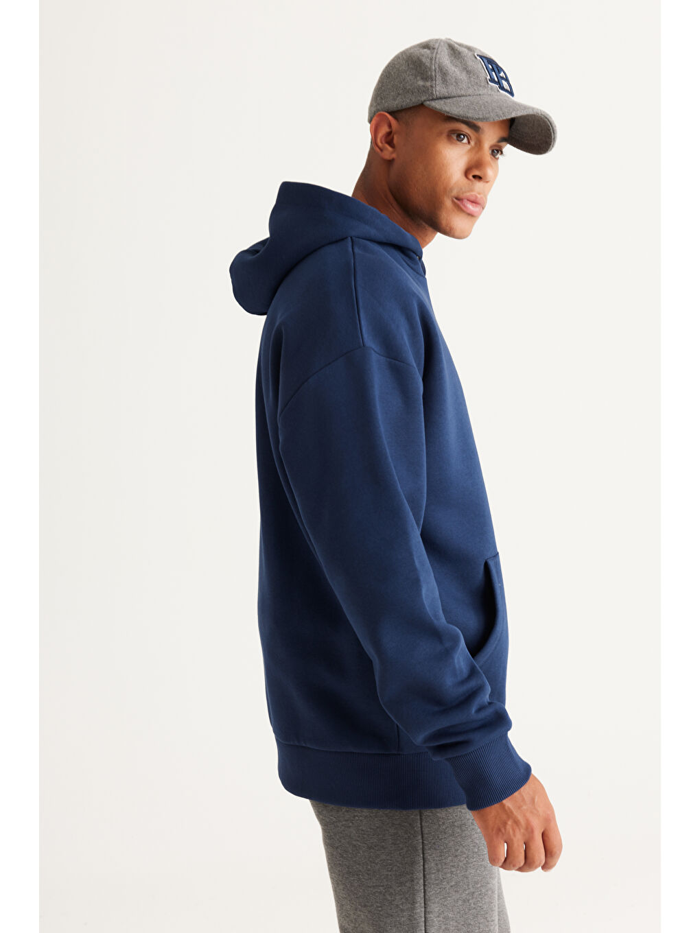 Erkek Lacivert Oversize Fit Bol Kesim Kapüşonlu İçi Polarlı Pamuklu Sweatshirt-3