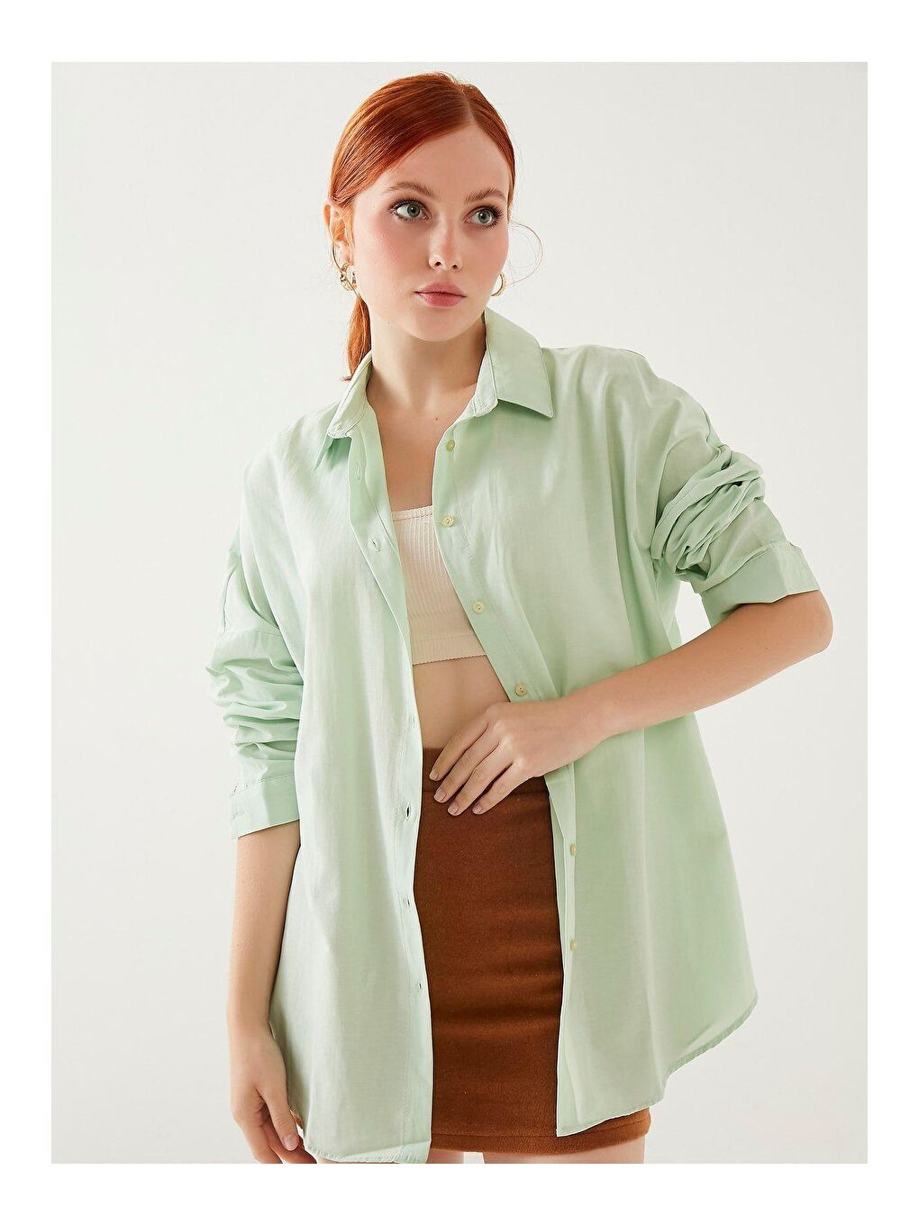 Kadın Açık Yeşil Oversize Uzun Basic Gömlek