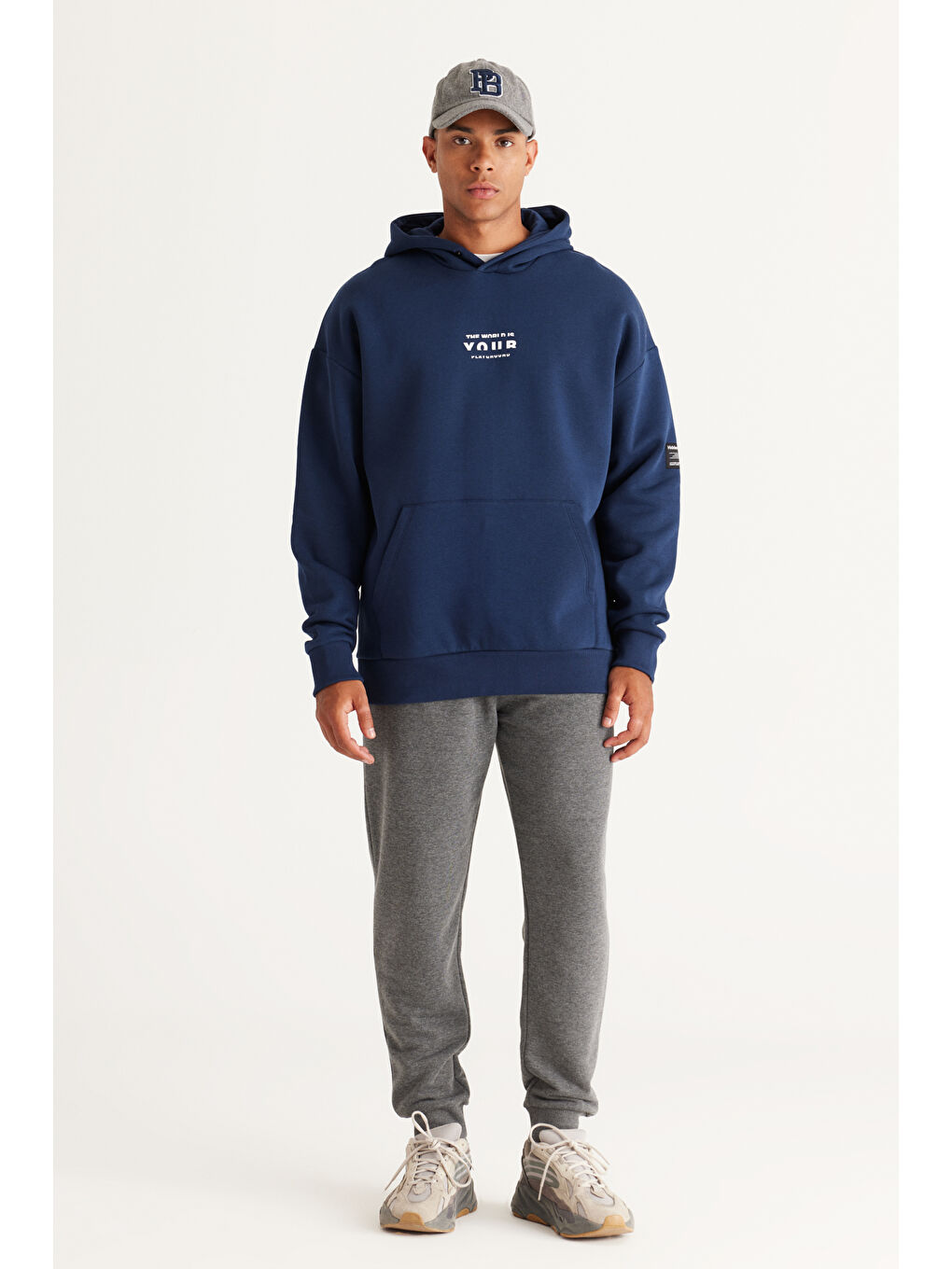 Erkek Lacivert Oversize Fit Bol Kesim Kapüşonlu İçi Polarlı Pamuklu Sweatshirt-4