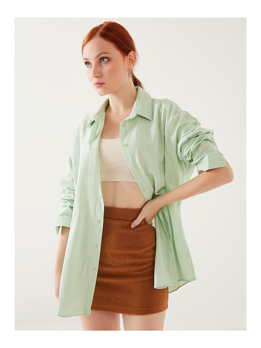 Kadın Açık Yeşil Oversize Uzun Basic Gömlek-1