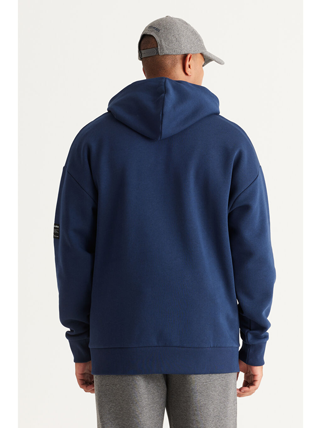 Erkek Lacivert Oversize Fit Bol Kesim Kapüşonlu İçi Polarlı Pamuklu Sweatshirt-5
