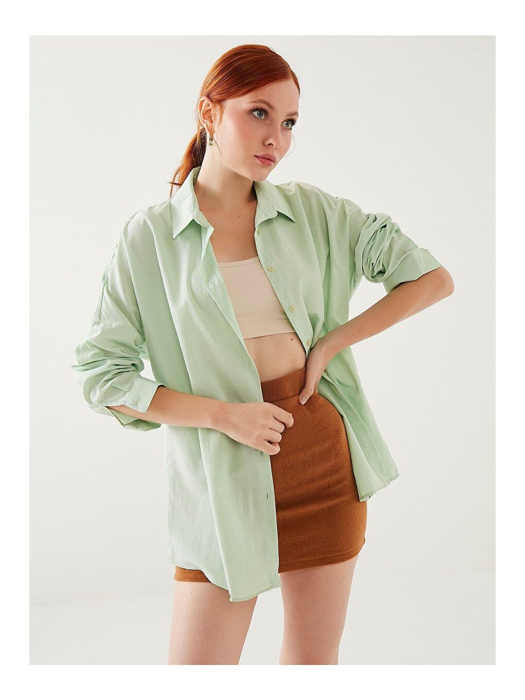 Kadın Açık Yeşil Oversize Uzun Basic Gömlek-2