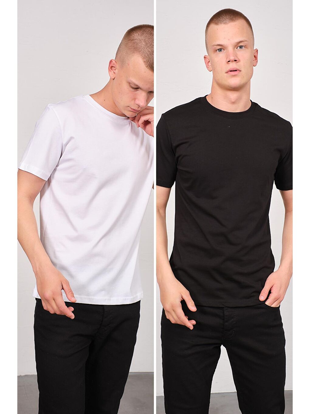 C&City Erkek Bisiklet Yaka 2'li Regular Fit Basic T-Shirt 990 Siyah/Beyaz