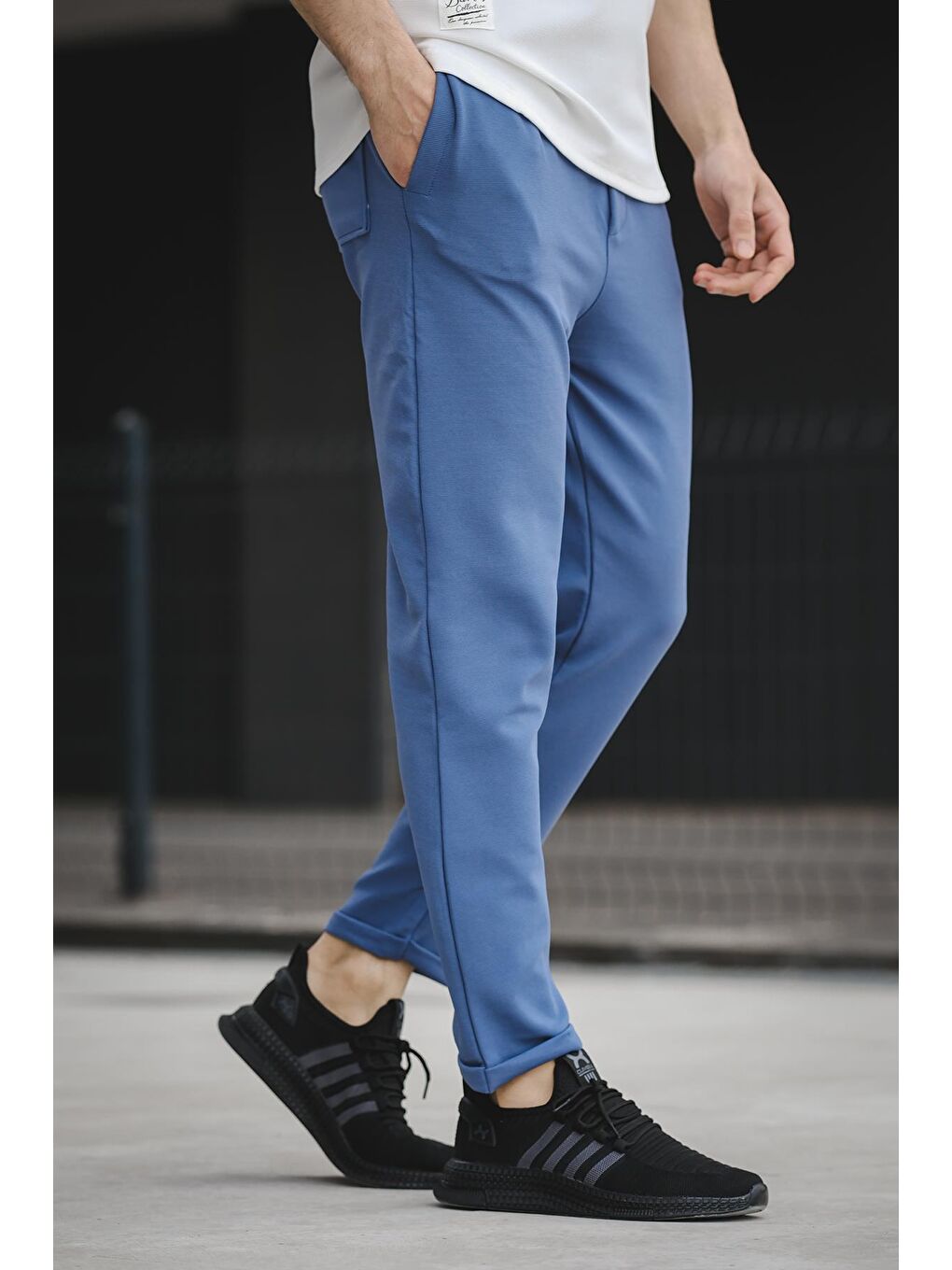 İndigo Arka Cep Detaylı Slim Fit Duble Paça Erkek Eşofman Altı