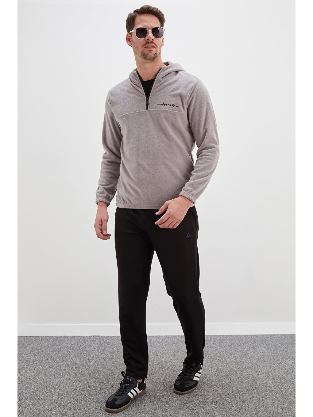 Gri Yarım Fermuarlı Kapüşonlu Polar Sweatshirt-1