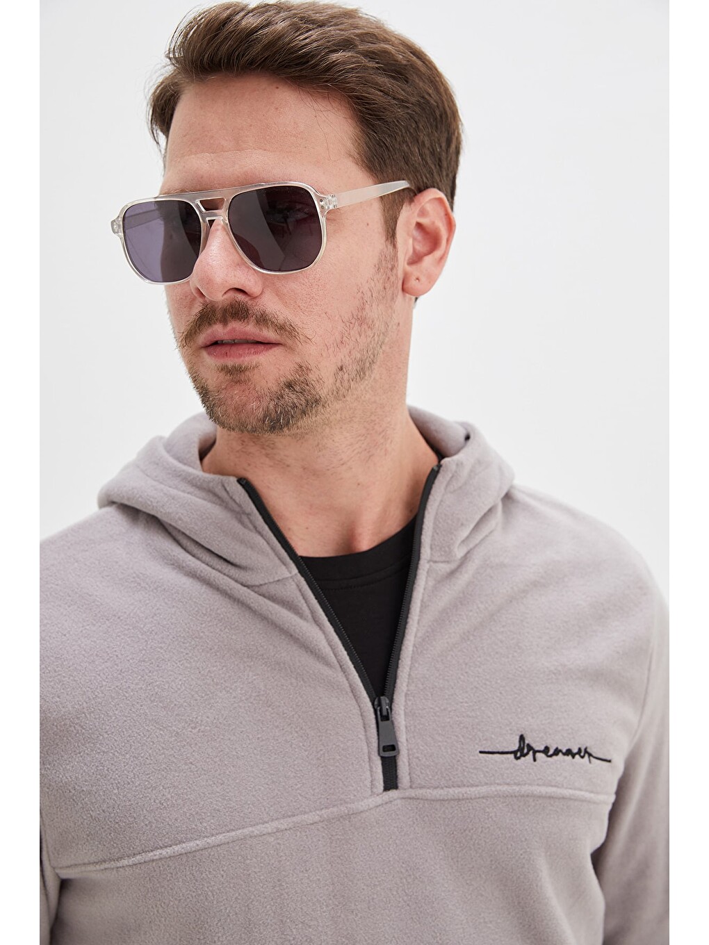 Gri Yarım Fermuarlı Kapüşonlu Polar Sweatshirt-2