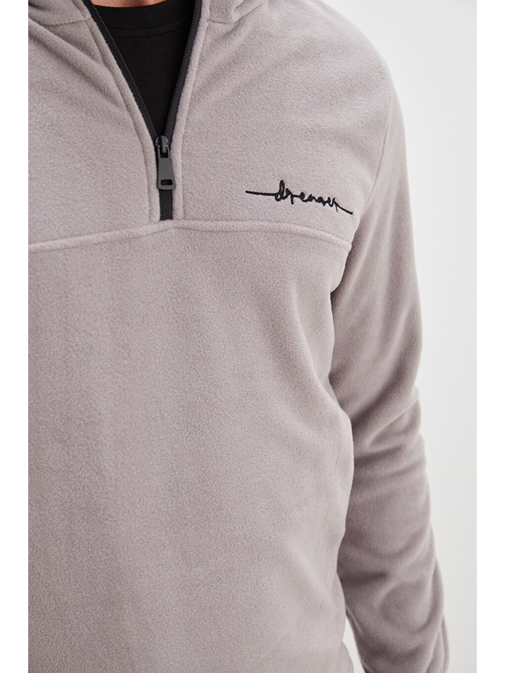 Gri Yarım Fermuarlı Kapüşonlu Polar Sweatshirt-3