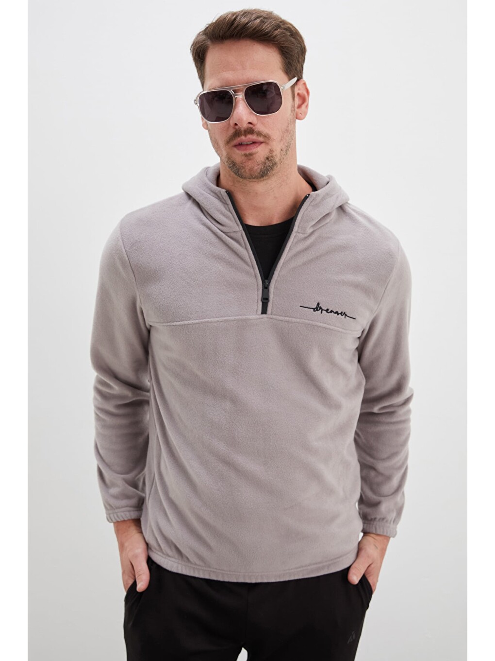 Gri Yarım Fermuarlı Kapüşonlu Polar Sweatshirt-4