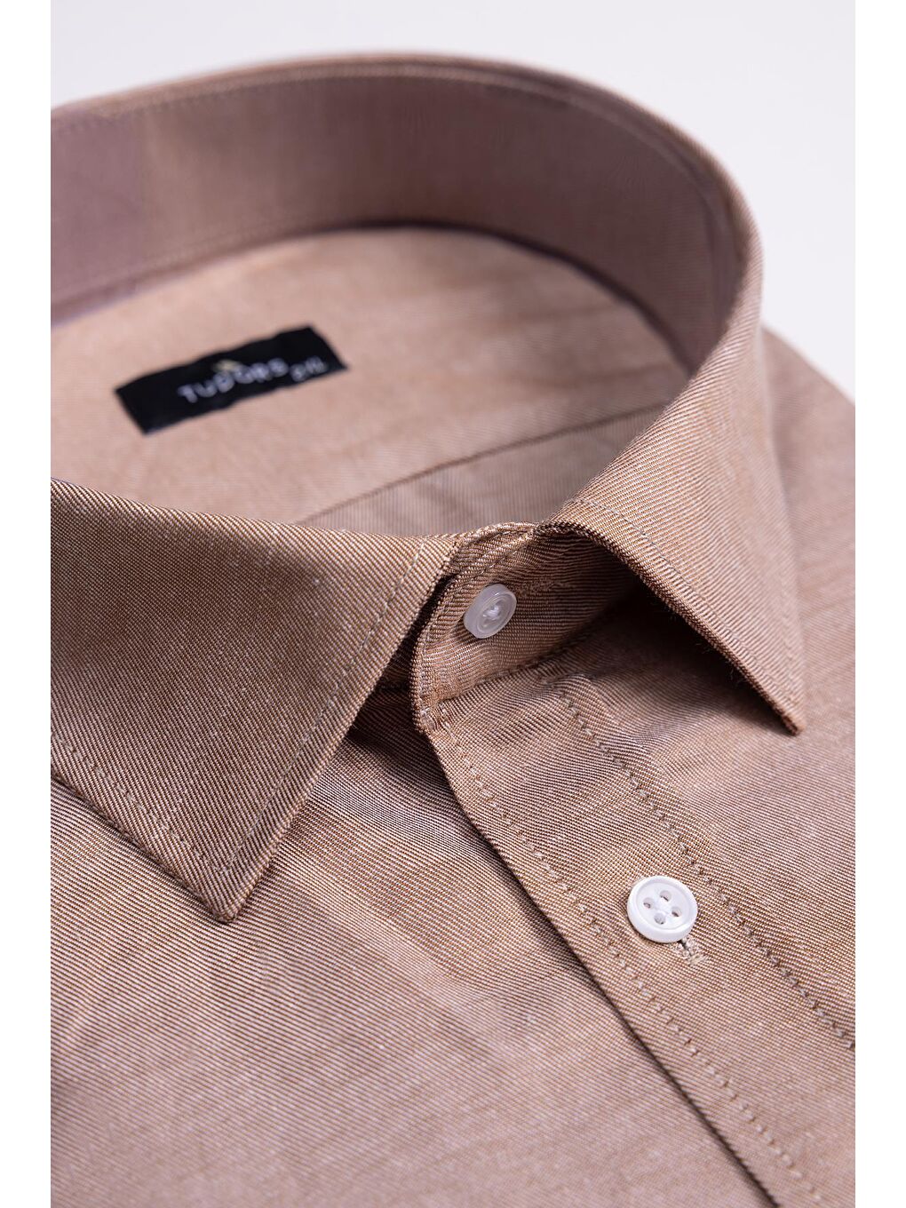 Bej Büyük Beden Uzun Kollu Düğmeli Yaka Pamuklu Kolay Ütü Düz Erkek Gömlek-1