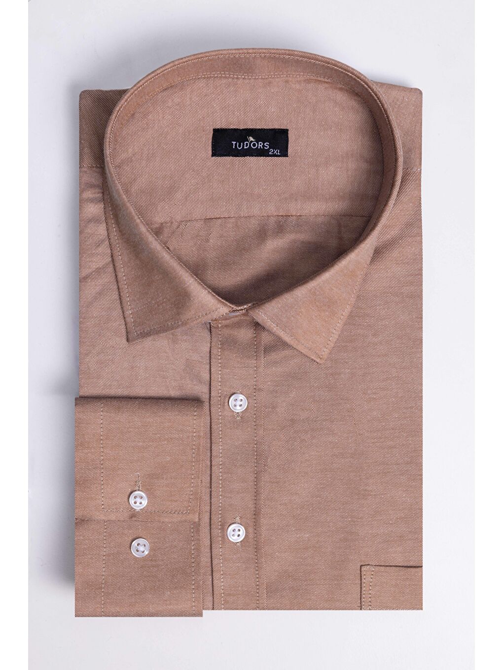 Bej Büyük Beden Uzun Kollu Düğmeli Yaka Pamuklu Kolay Ütü Düz Erkek Gömlek